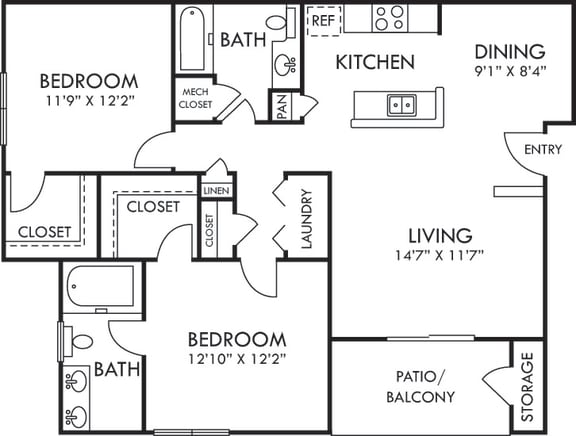 Leda. 2 bedroom apartment. Kitchen with bartop open to living/dinning rooms. 2 full bathroom, double vanity in master. Walk-in closets. Patio/balcony.
